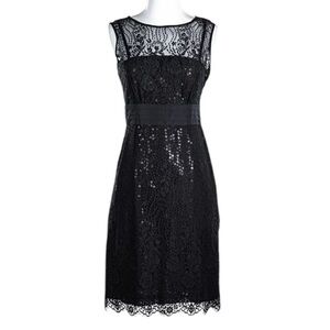 Tahari ASL Devin SZ 4P Empire Waist Black Lace‎ Overlay Sheath Dress Modest Chic